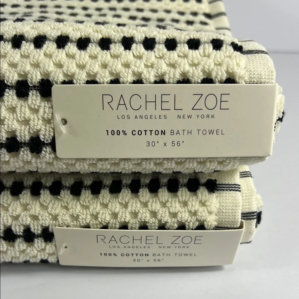Rachel Zoe Bath Towels Black & Cream Striped Print 100% Cotton Set of 2 NEW